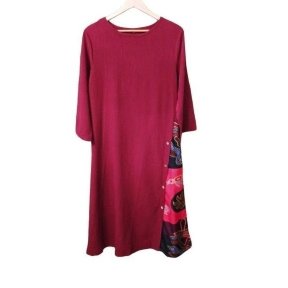 Womens Long Sleeve Maxi Dress Geometric Print Side Panel Buttons Burgundy - Picture 5 of 11